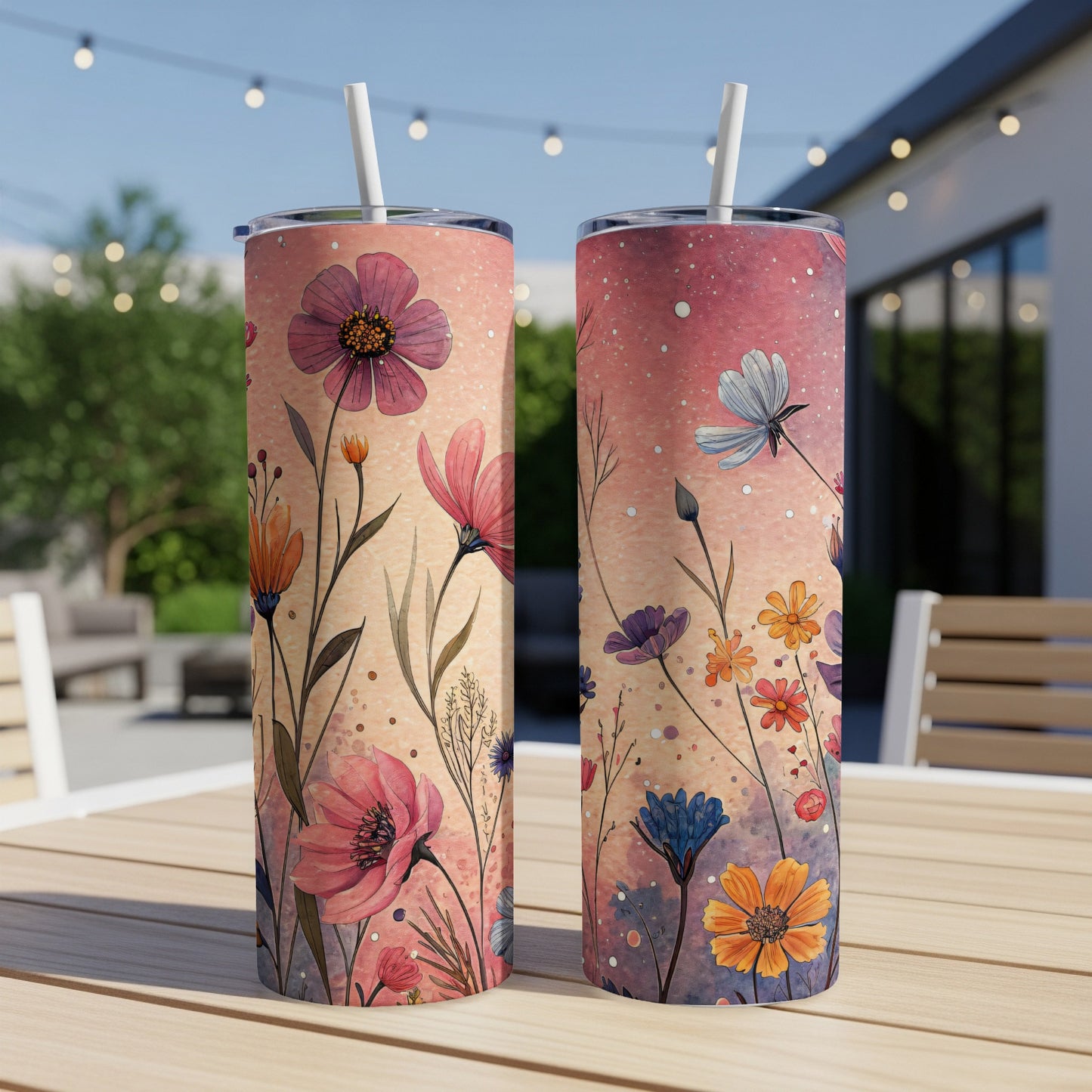 Floral Watercolor on Pink and Beige Background 20 oz Skinny Tumbler - Walk Greener