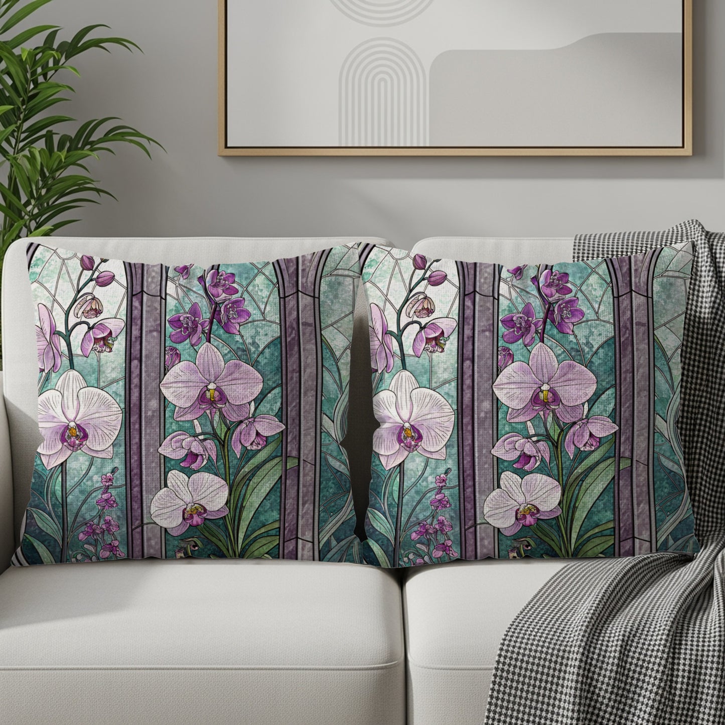 Elegant Stained Glass with Orchids Floral Motif Throw Pillows - Walk Greener