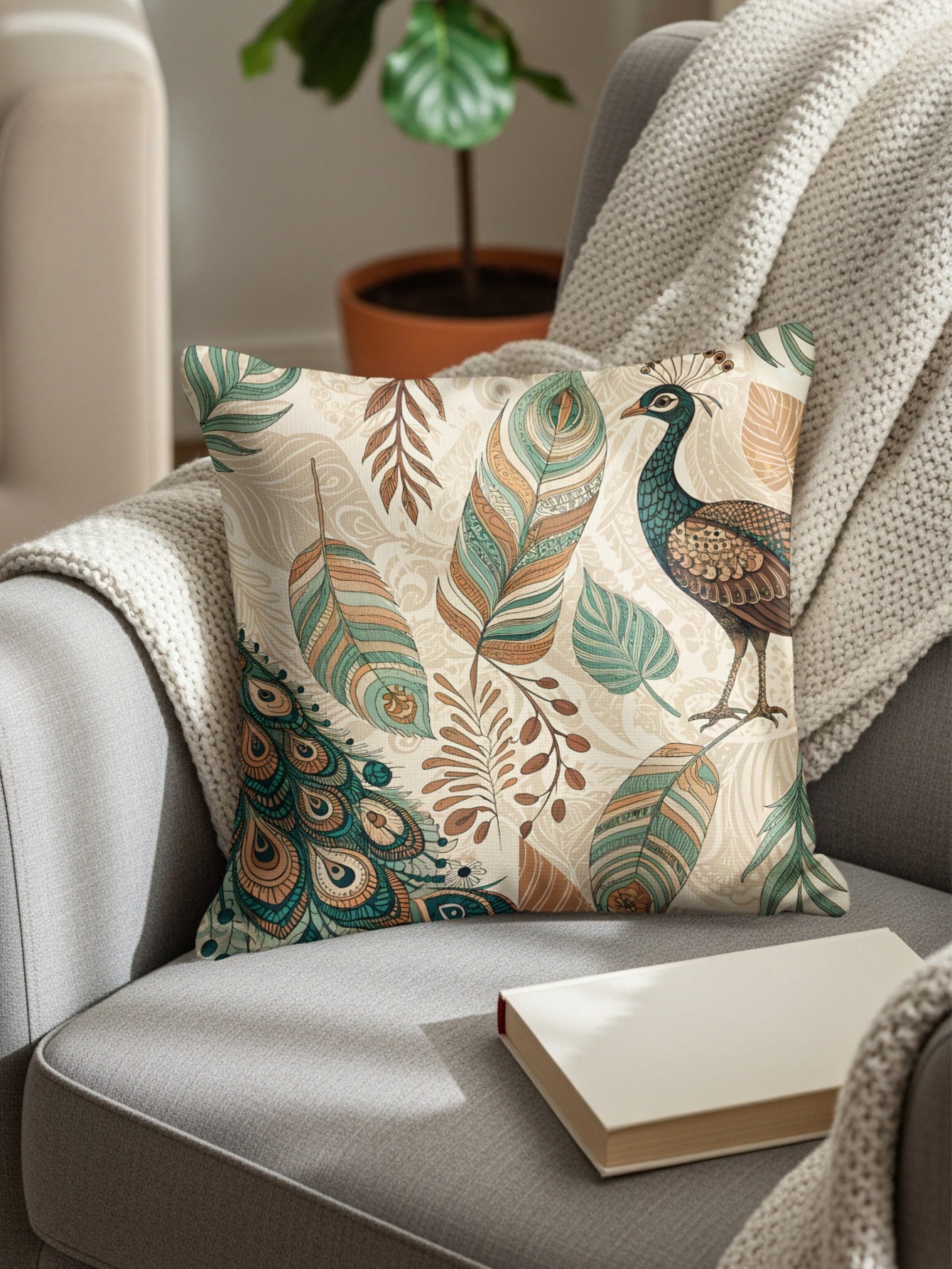Elegant Peacock and Feathers Design Cushion Cover