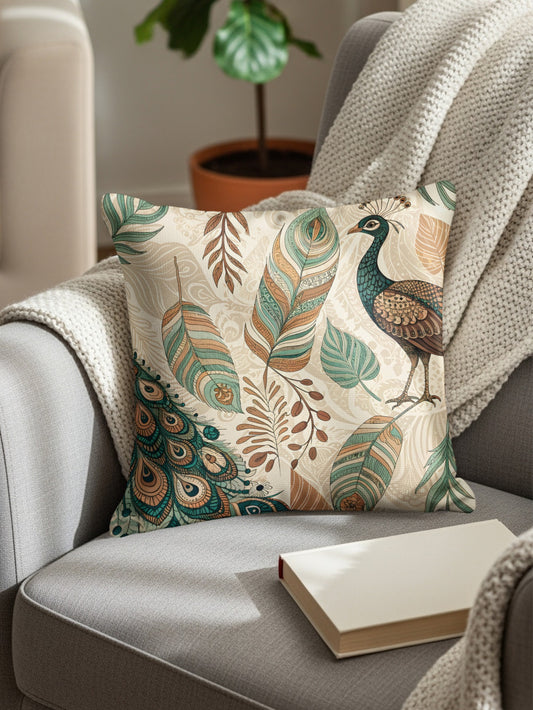 Elegant Peacock and Feathers Design Cushion Cover