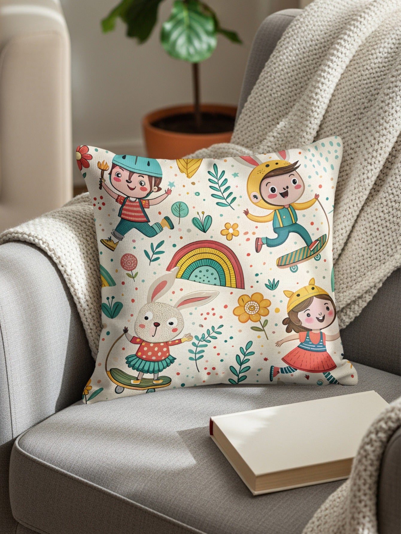 Kids Skateboard Patterned Fun Design Style Illustration Throw Pillows - Walk Greener