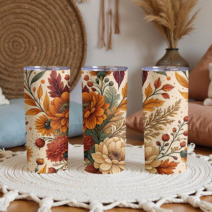 Autumn Floral Pattern Tumbler with Lid for Beverages
