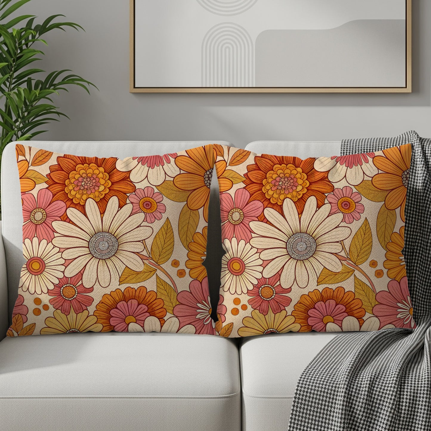 Groovy Floral Pattern in Retro Colors Design Throw Pillows - Walk Greener