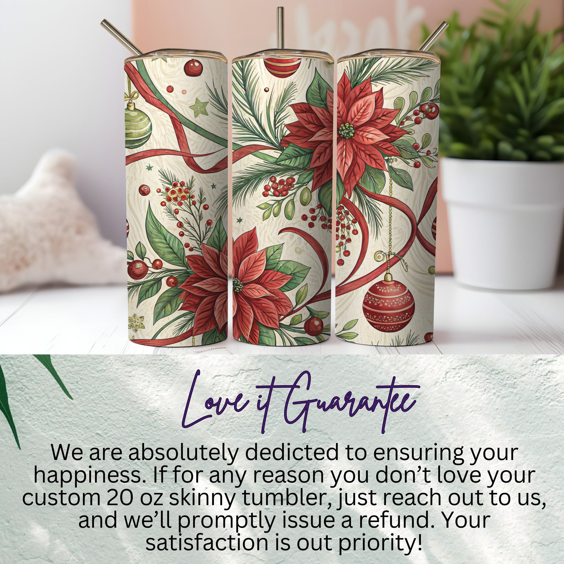 Festive Christmas Poinsettia Themed Skinny Tumbler