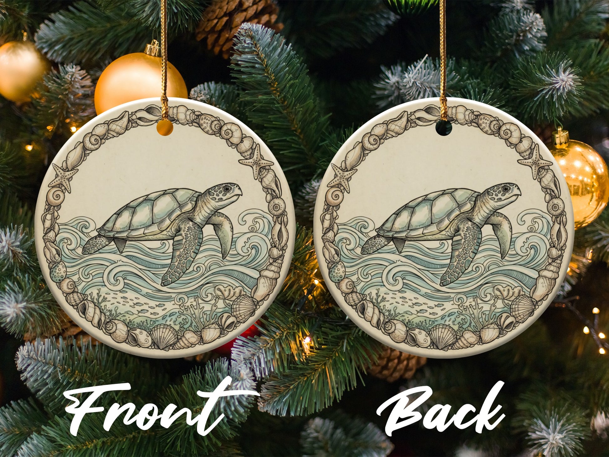 Sea Turtle Themed Double-Sided Ceramic Ornament product