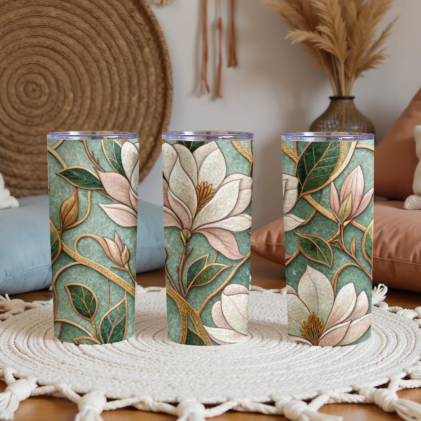 Floral Bloom Magnolia on Mint Green Background 20 oz Skinny Tumbler - Walk Greener