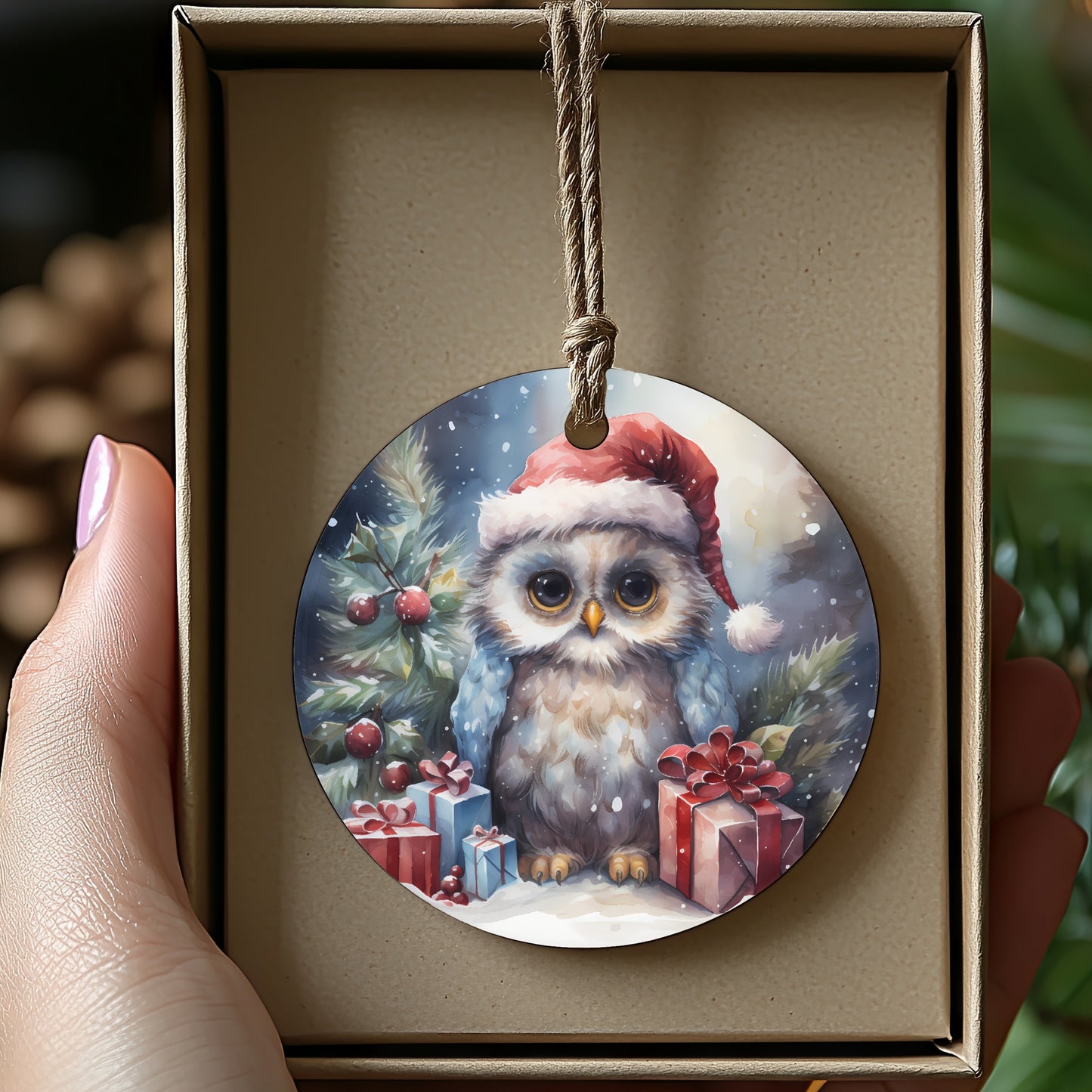 Christmas Owl Ornament with Santa Hat product type