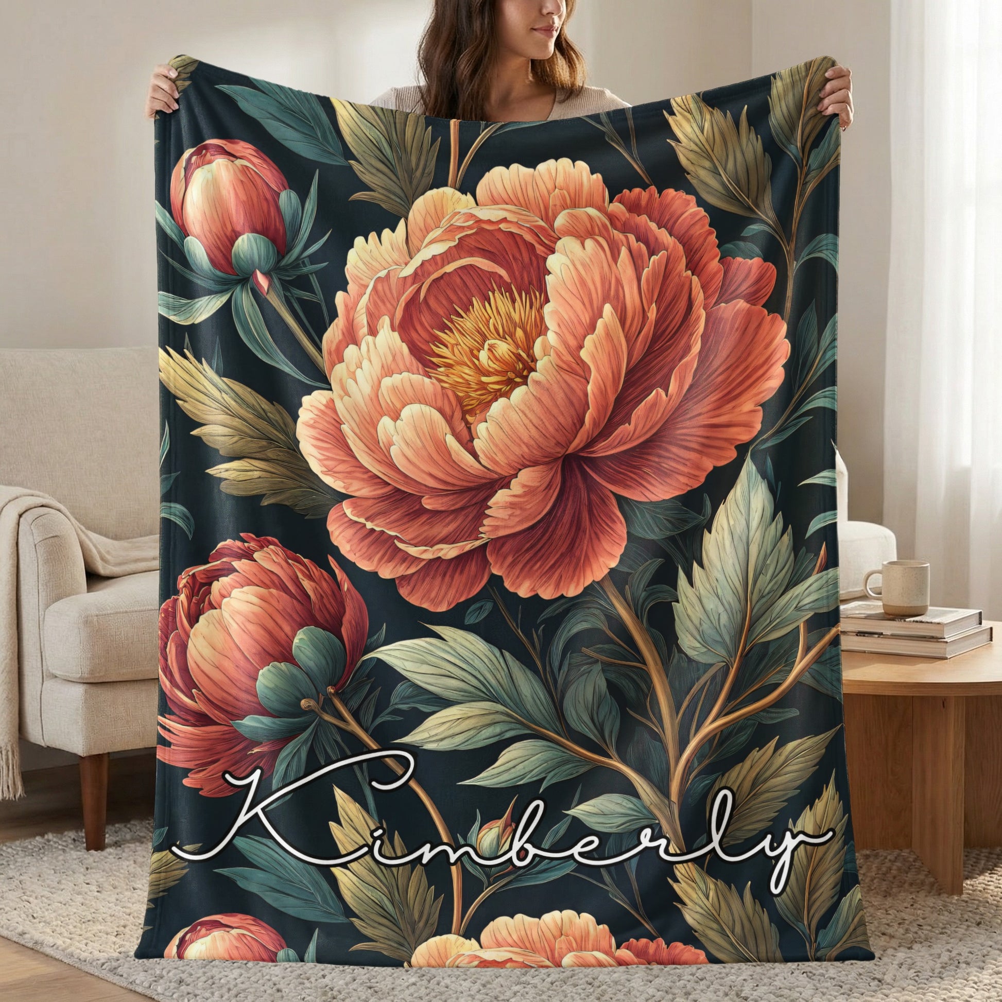 Floral Peonies Personalized Custom Name Blanket Special - Walk Greener