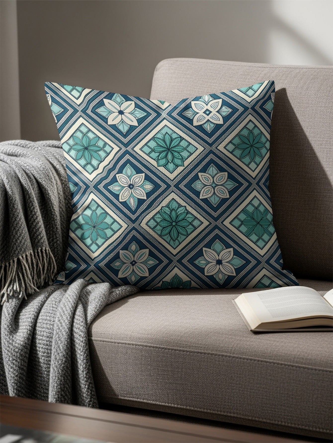 Intricate Geometric Blue Floral Pattern Cushion Cover