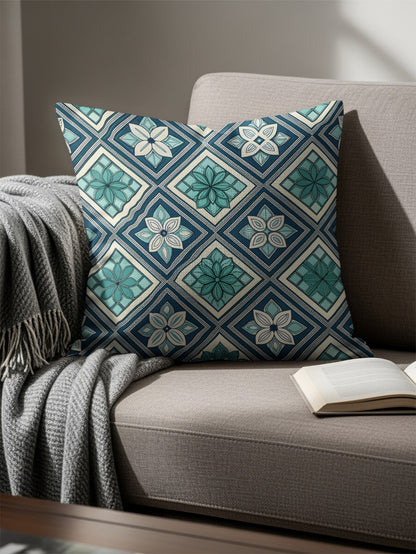 Intricate Geometric Blue Floral Pattern Cushion Cover