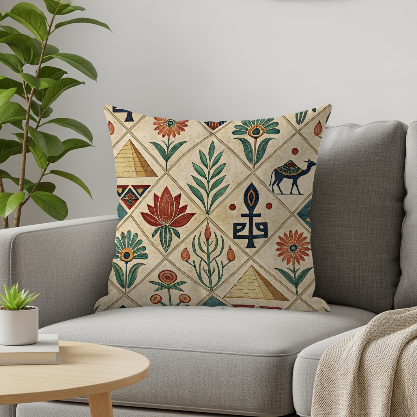 Egyptian-Inspired Decorative Pillow with Geometric Patterns