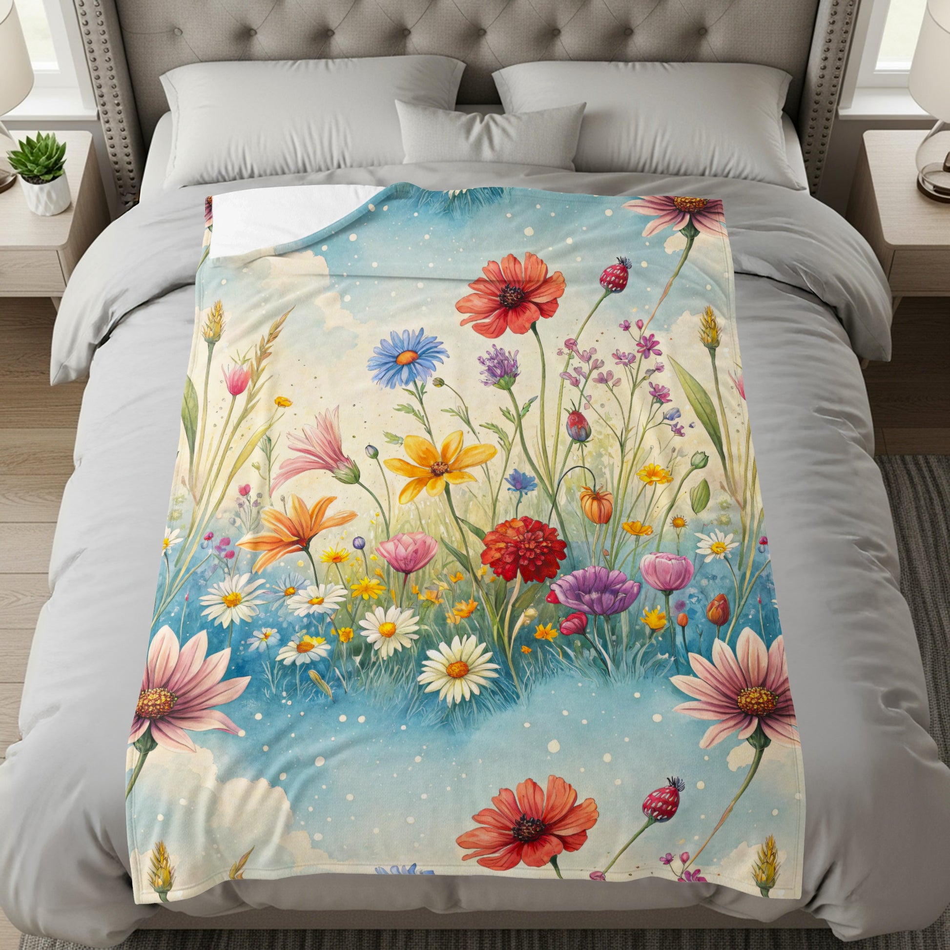 Watercolor Meadow in Sky With Flowers Velveteen Plush Blankets - Walk Greener