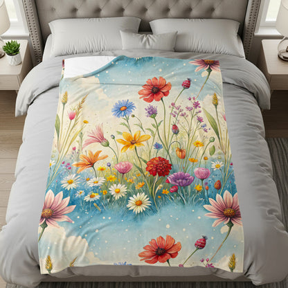 Watercolor Meadow in Sky With Flowers Velveteen Plush Blankets - Walk Greener