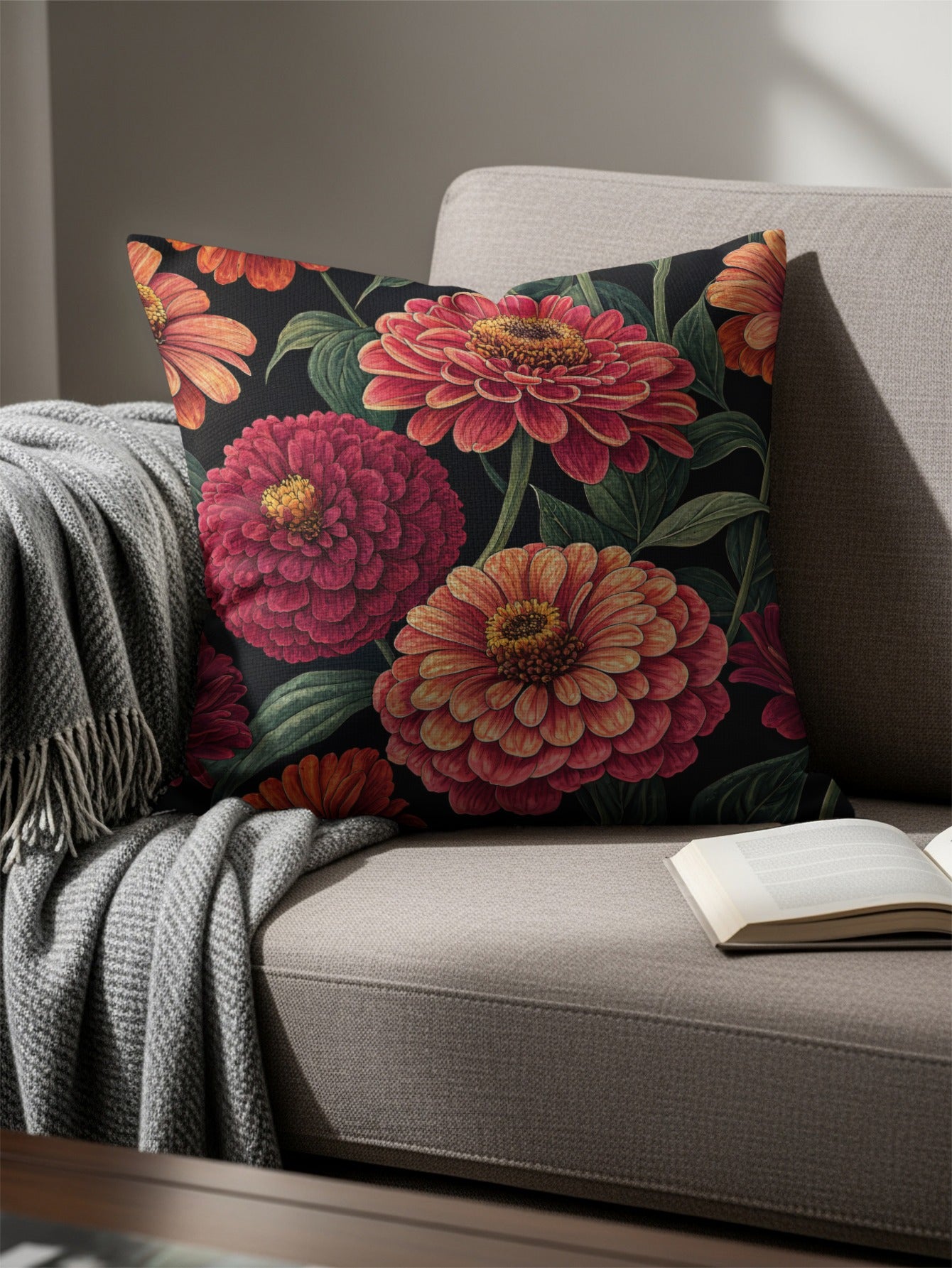 Bold Blooming Zinnias on Black Decorative Floral Throw Pillows - Walk Greener