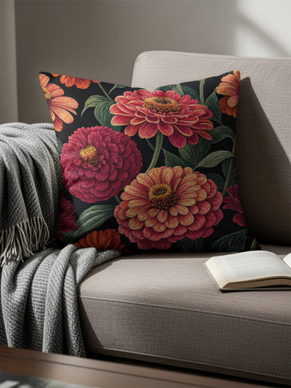 Bold Blooming Zinnias on Black Decorative Floral Throw Pillows - Walk Greener