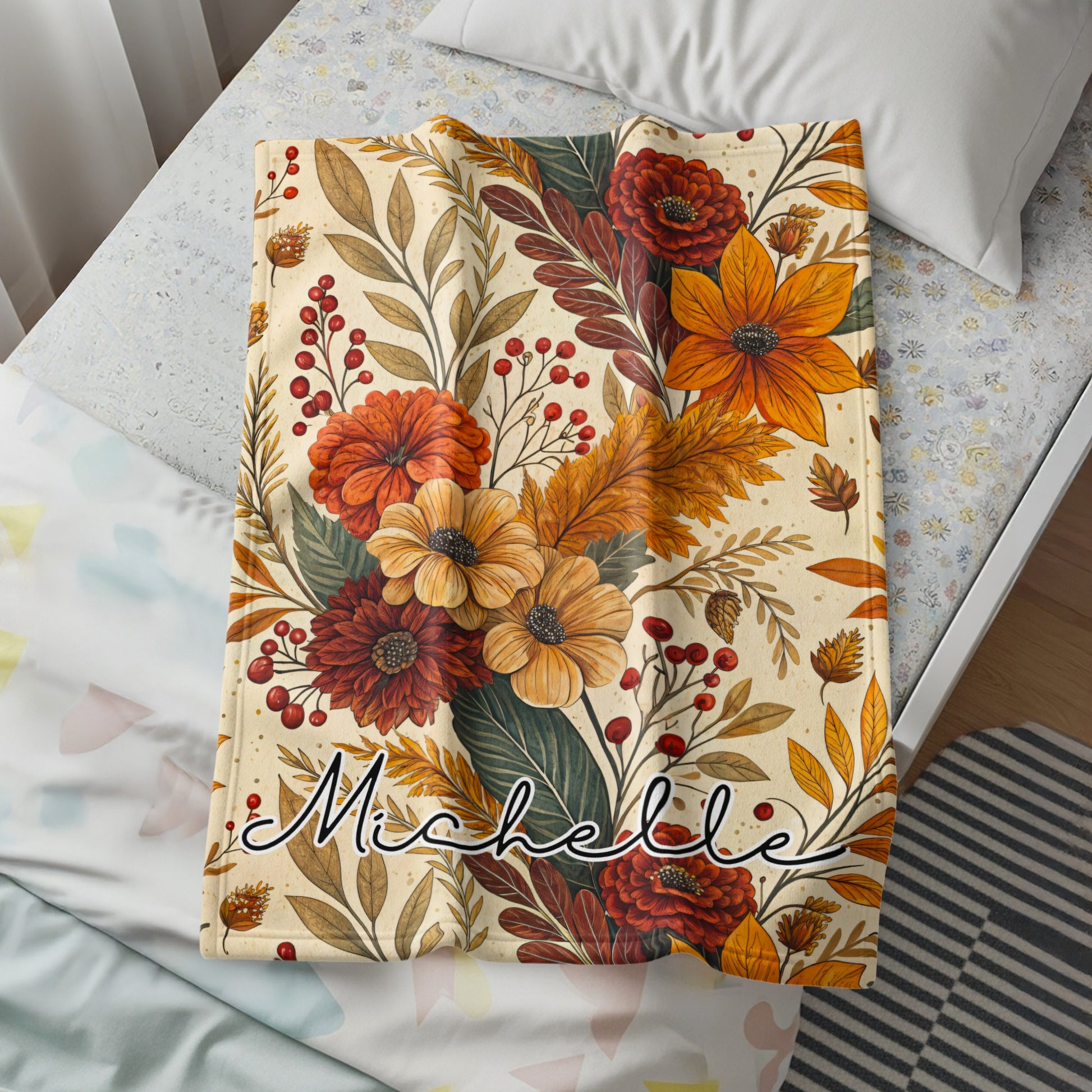Personalized Autumn Floral Blanket with Name Michelle