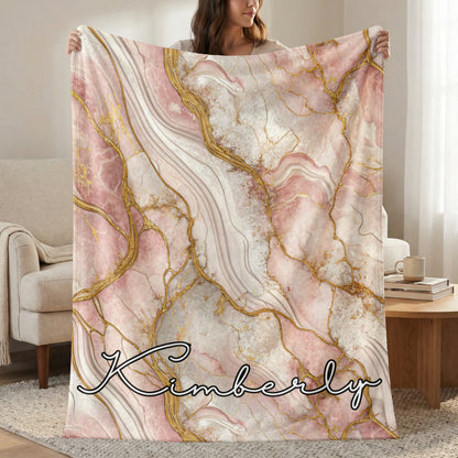 Pink Gold Marble Effect Custom Name Blanket Personalized - Walk Greener