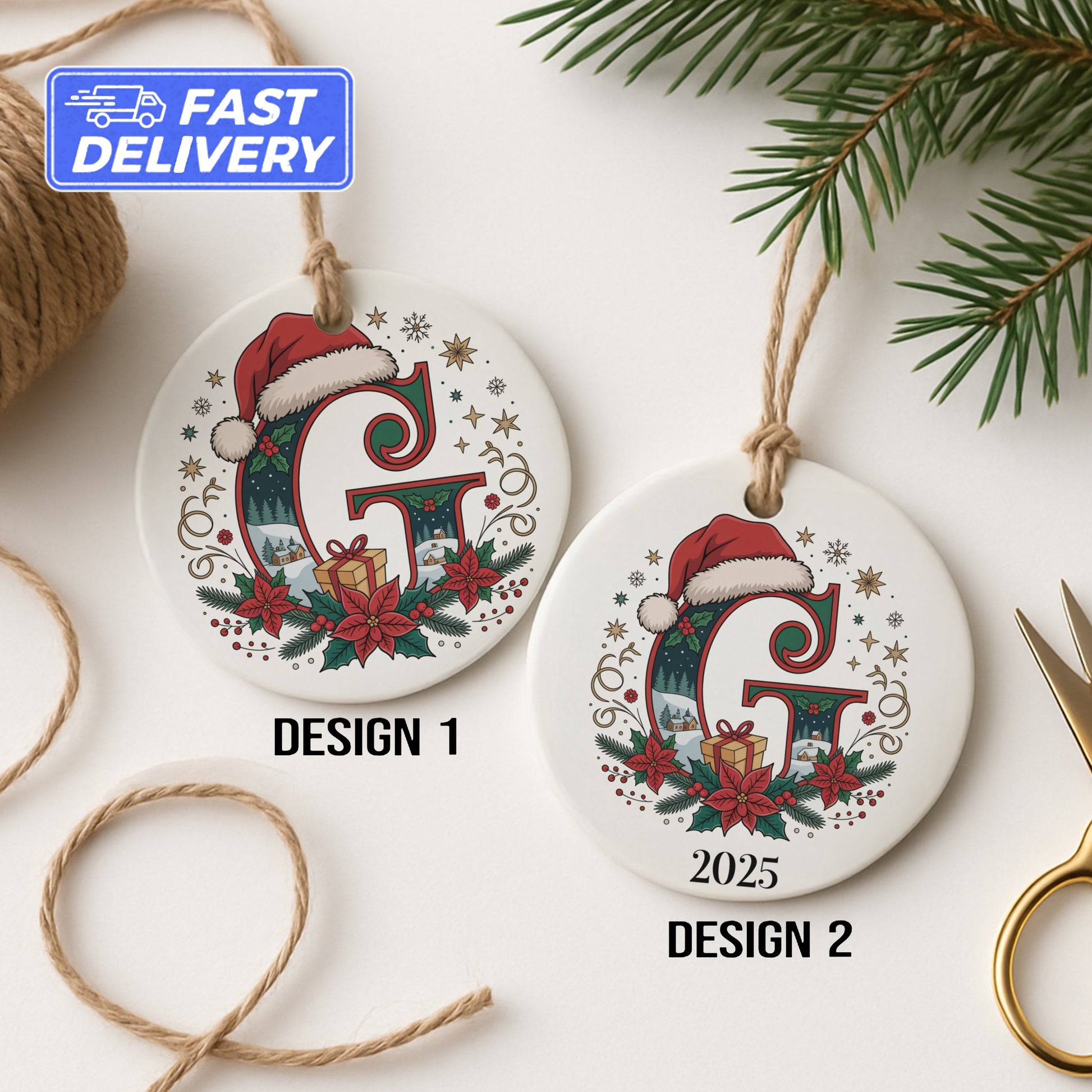 Personalized Santa Hat Initial Ceramic Ornament product