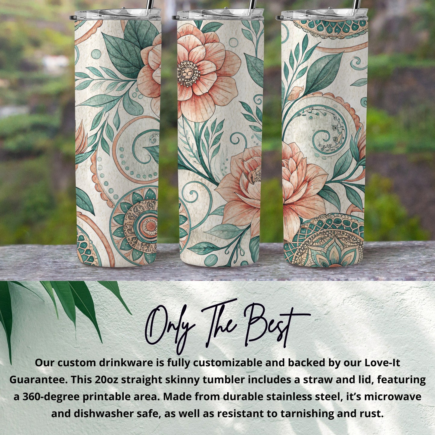 Floral Delight Bohemian Styled 20 oz Skinny Tumbler - Walk Greener