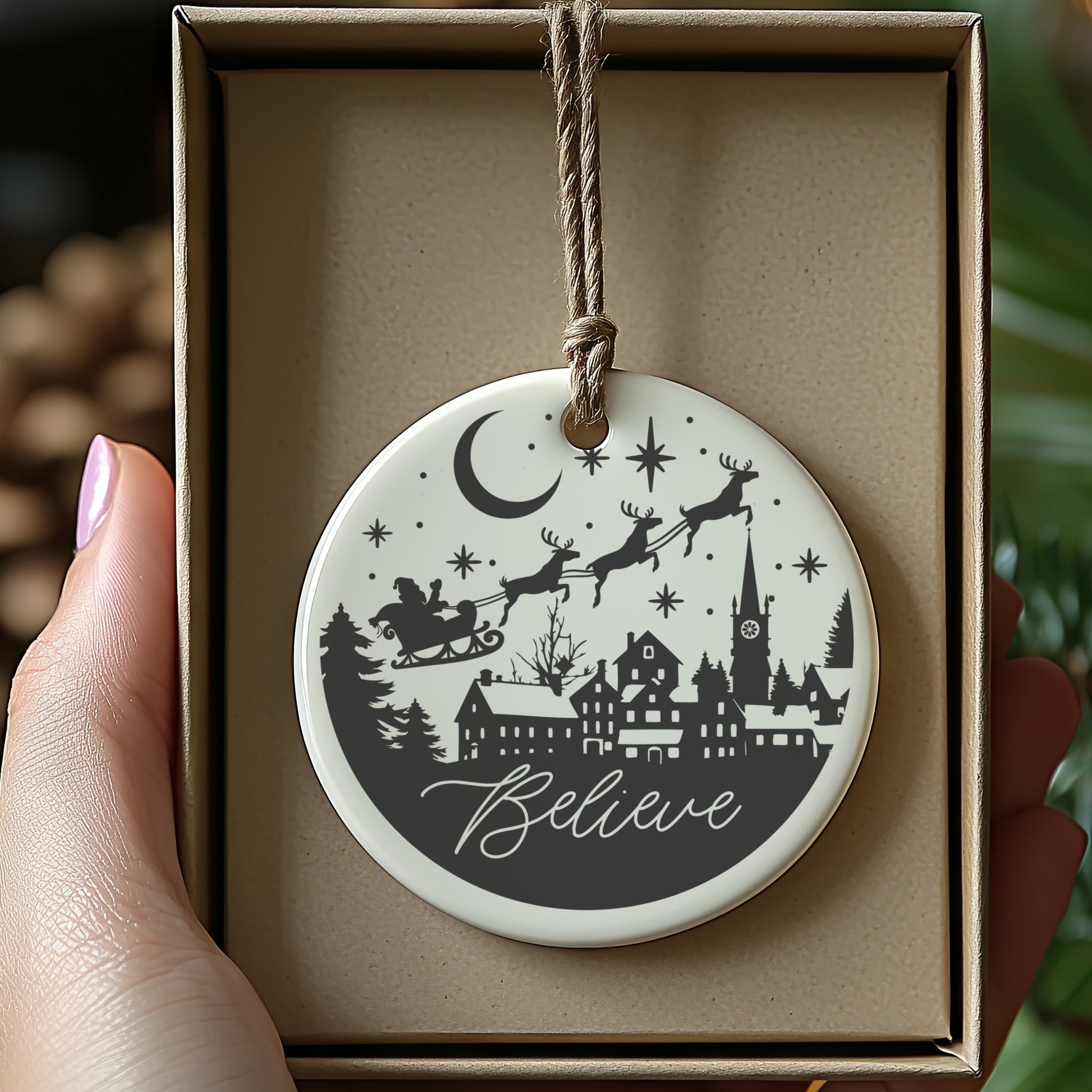 Santa Sleigh and Reindeer Believe Hanging Ornament product type