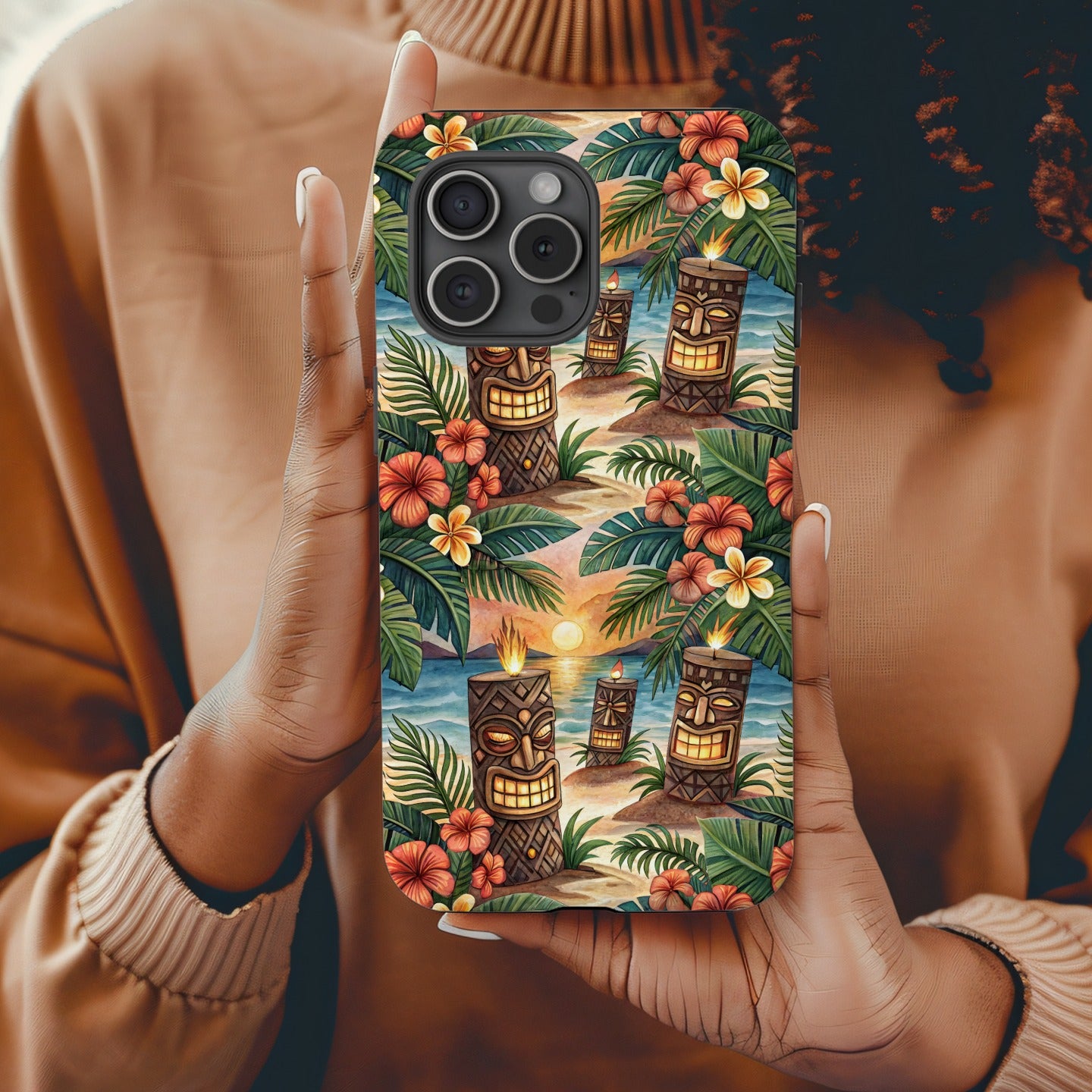 Tiki Statues On Tropical Beach Scene Custom Phone Case - Walk Greener