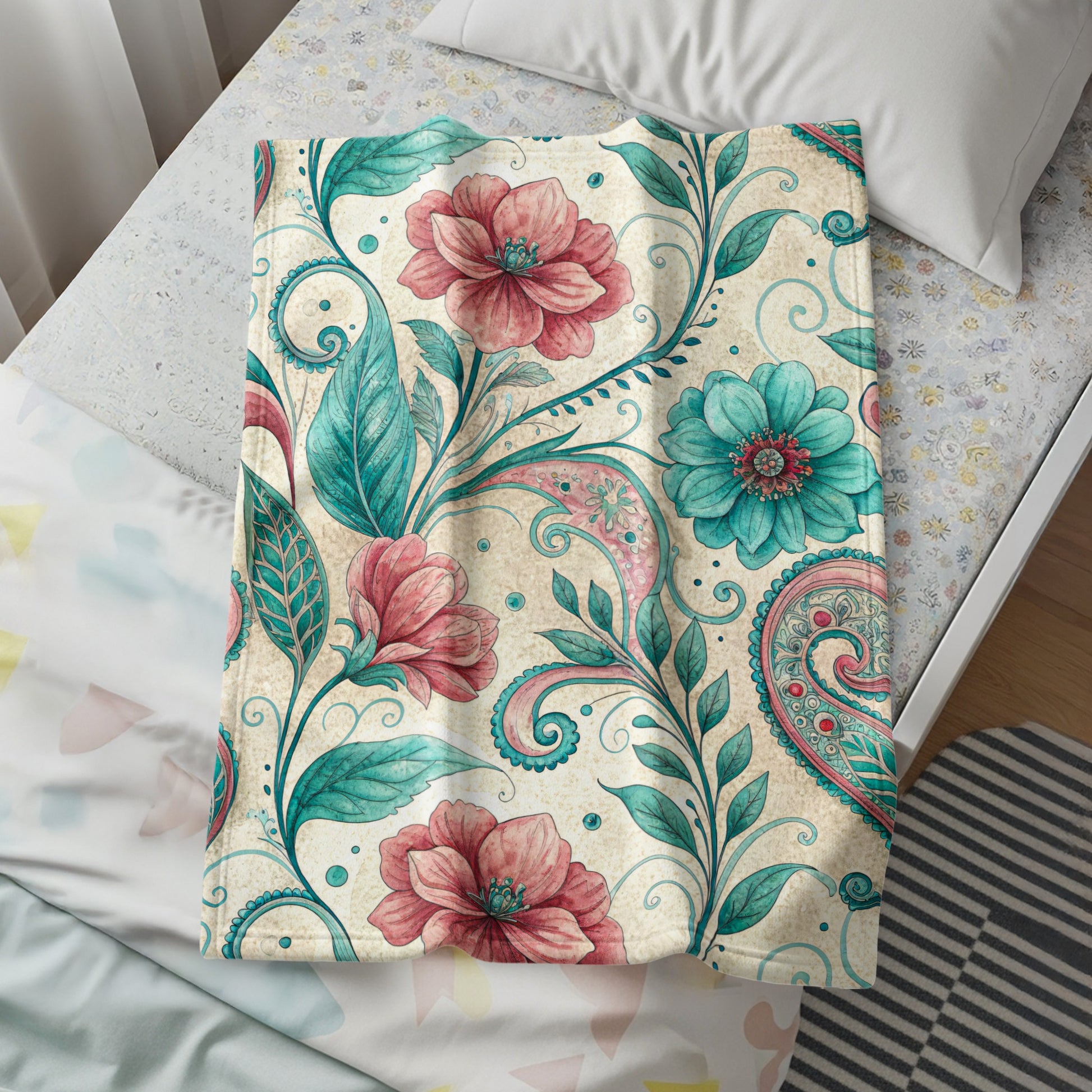 Floral Paisleys in Pink and Teal Watercolor Style Art - Walk Greener