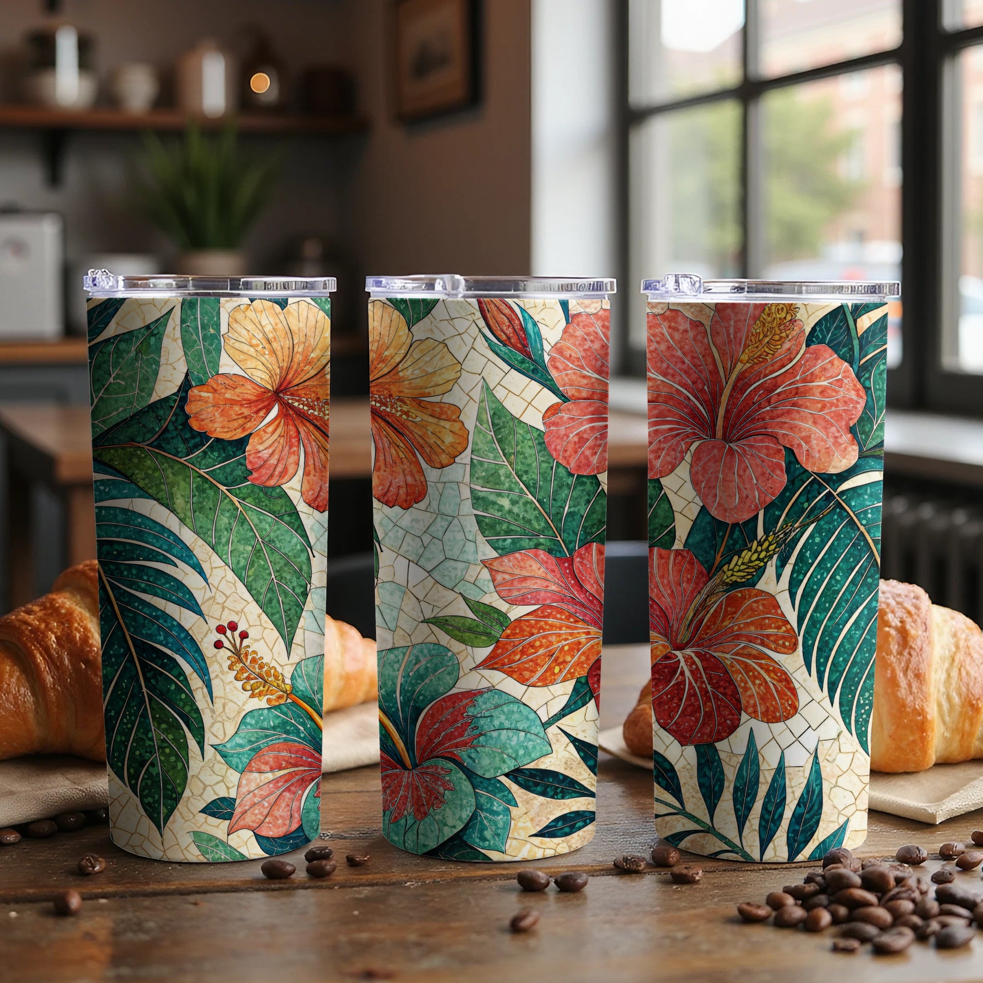 Hibiscus Flowers with Mosaic Background Illustration 20 oz Skinny Tumbler - Walk Greener
