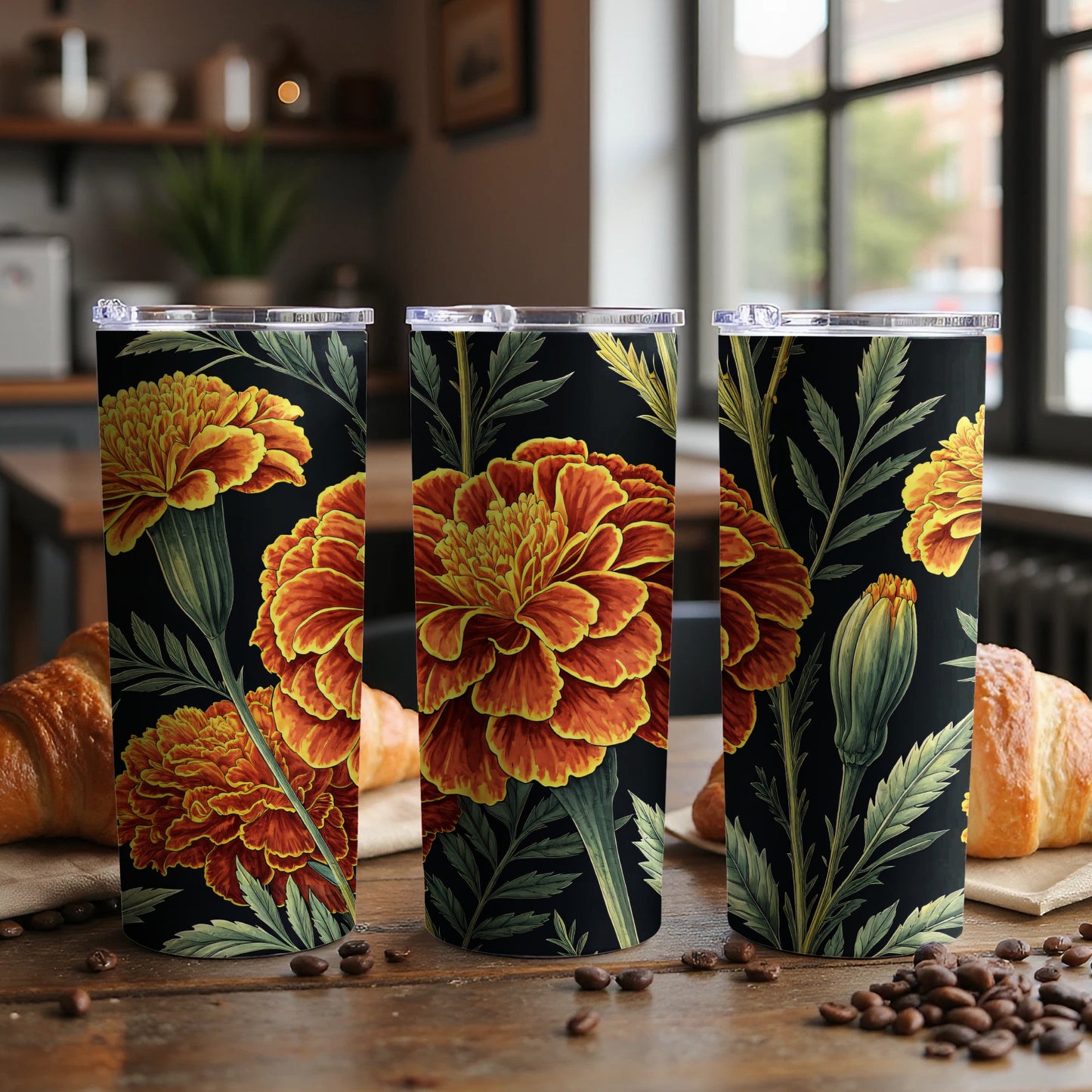 Vibrant Marigold Design Travel Mug Set for All Occasions