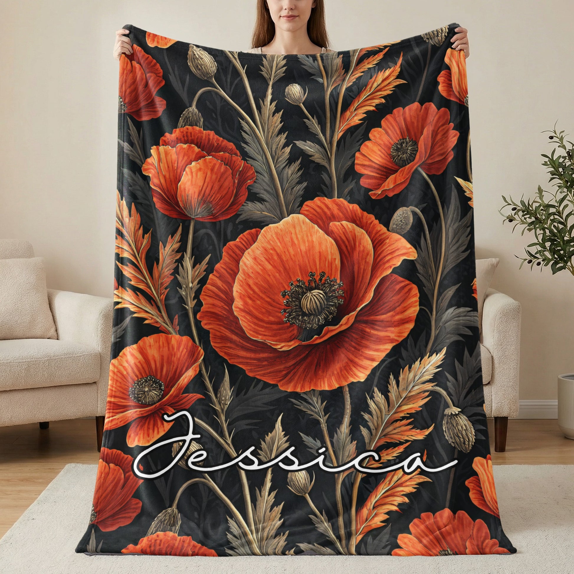 Custom Floral Poppy Design Blanket with Jessica Name