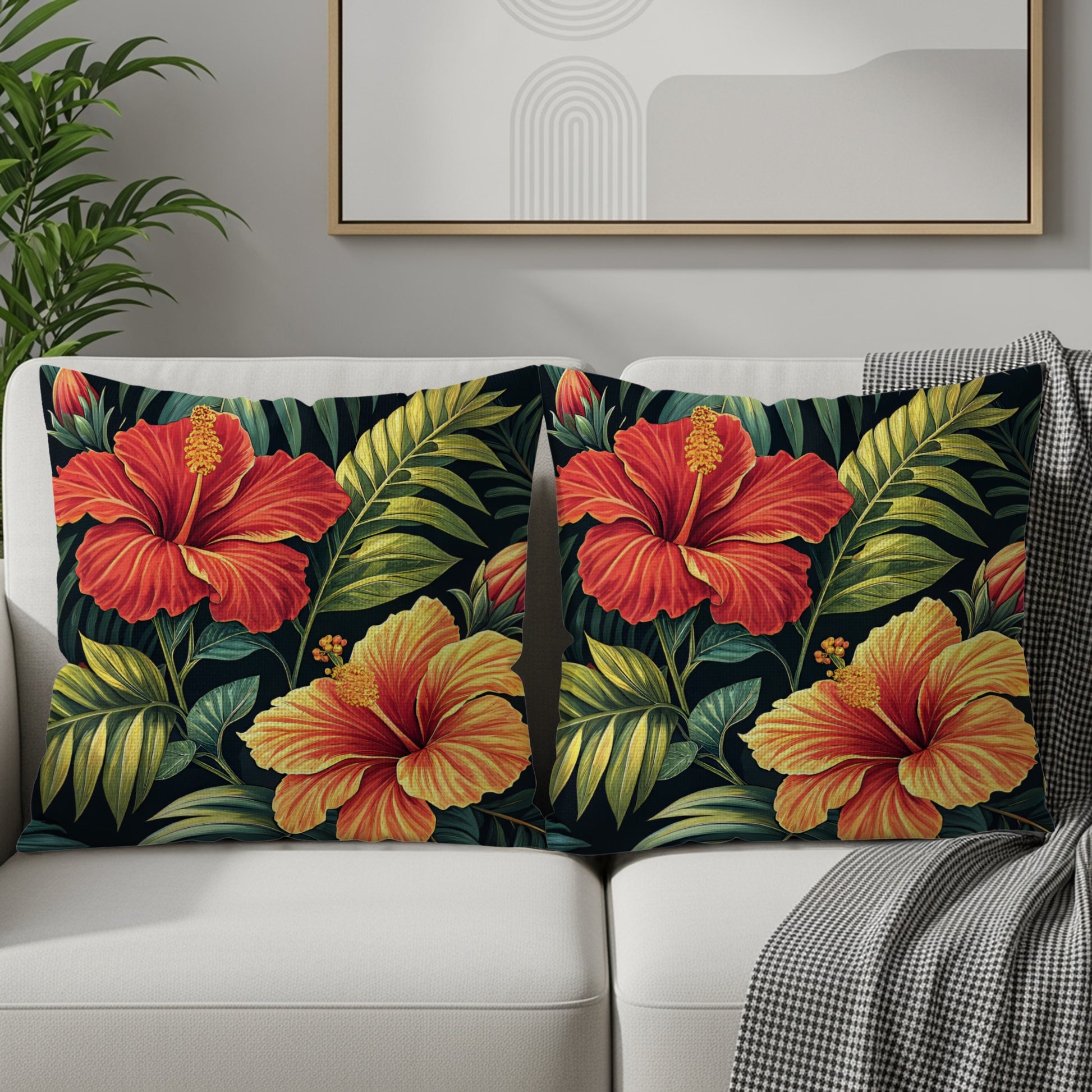 Tropical Hibiscus Flower and Palm Leaves Design Decorative Floral Throw Pillows - Walk Greener