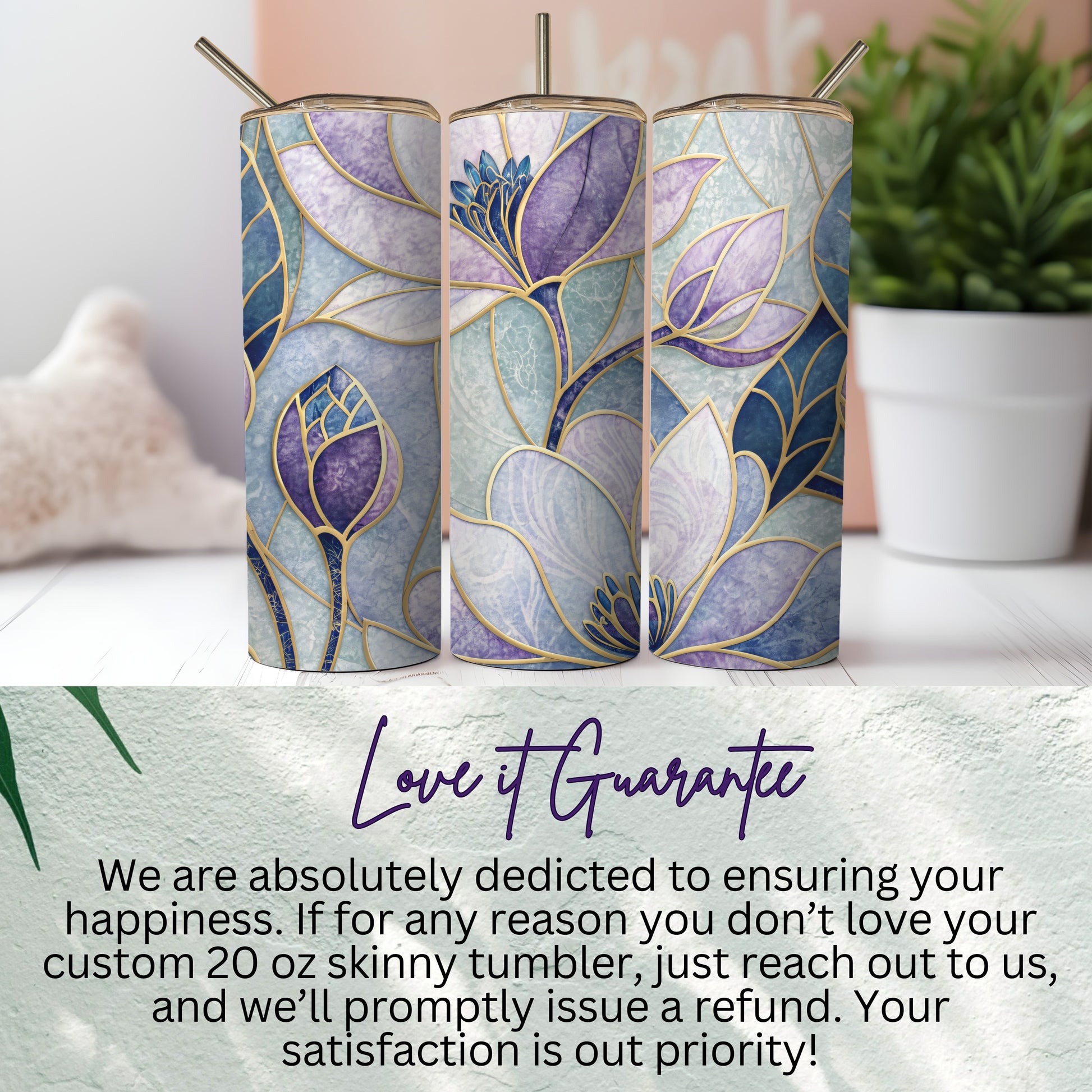 Elegant Floral Stained Glass Design 20 oz Skinny Tumbler - Walk Greener