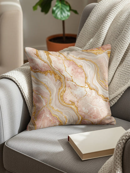 Rose Quartz with Golden Veins Abstract Decorative Floral Throw Pillows - Walk Greener