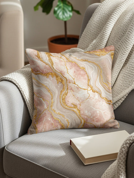 Rose Quartz with Golden Veins Abstract Decorative Floral Throw Pillows - Walk Greener
