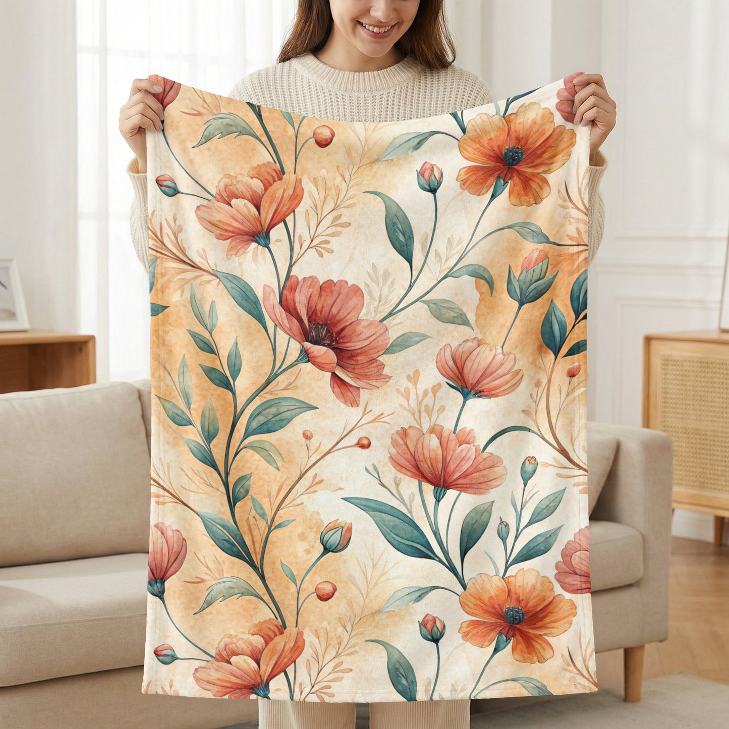 Elegant Orange Flowers Buds With Green Leaves Pattern - Walk Greener