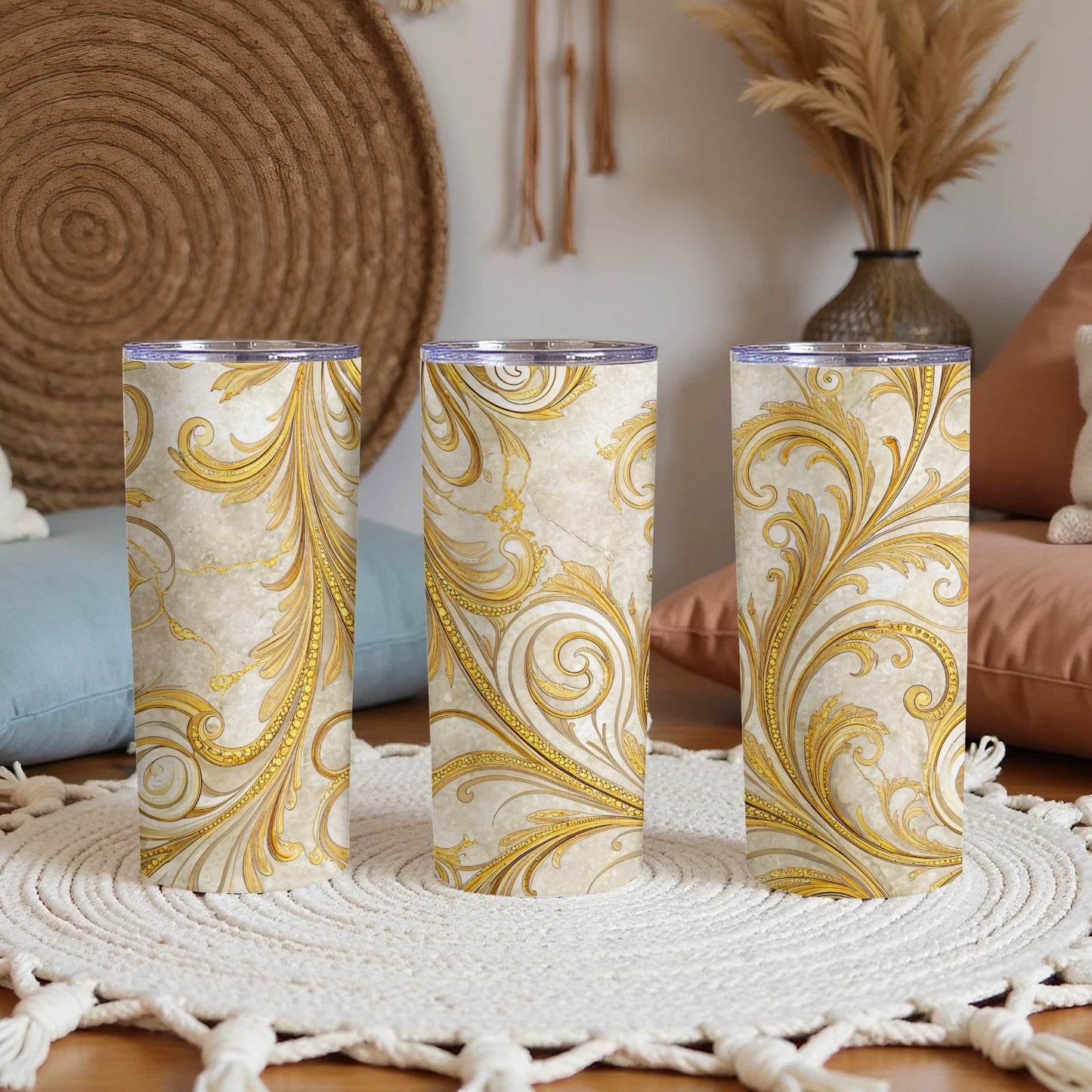 Elegant Gold and White Baroque Style Tumbler Cup