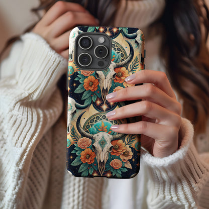 Ornate Bull Skull Floral Pattern Custom Phone Case - Walk Greener