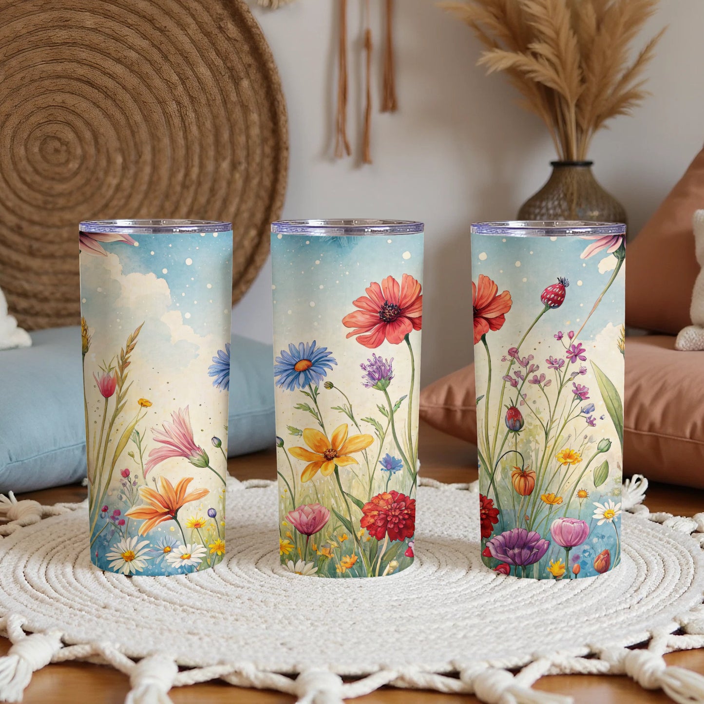 Watercolor Floral Field Design Perfect for 20 oz Skinny Tumbler - Walk Greener