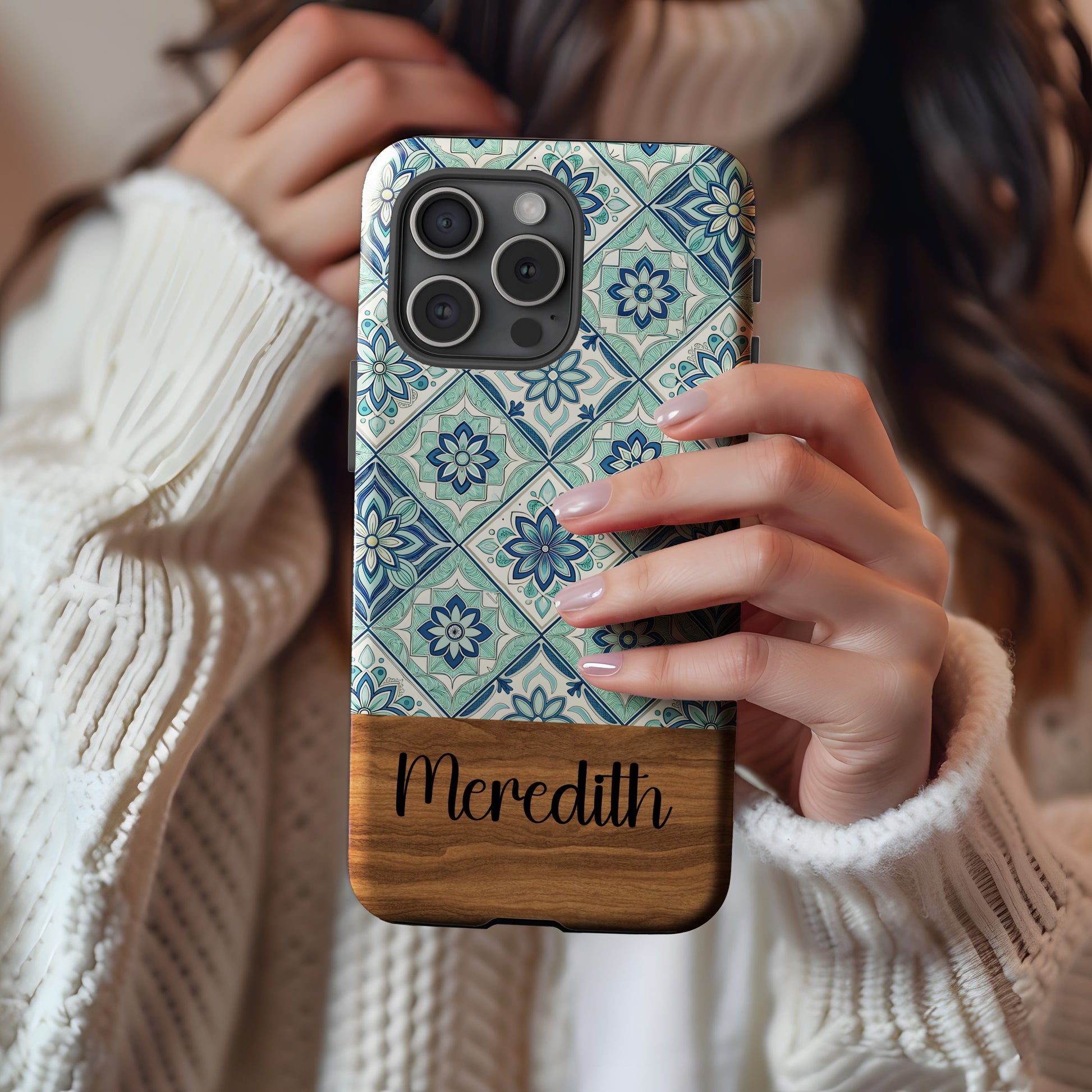 Elegant Floral Tile Design Blue Aqua Custom Phone Case - Walk Greener