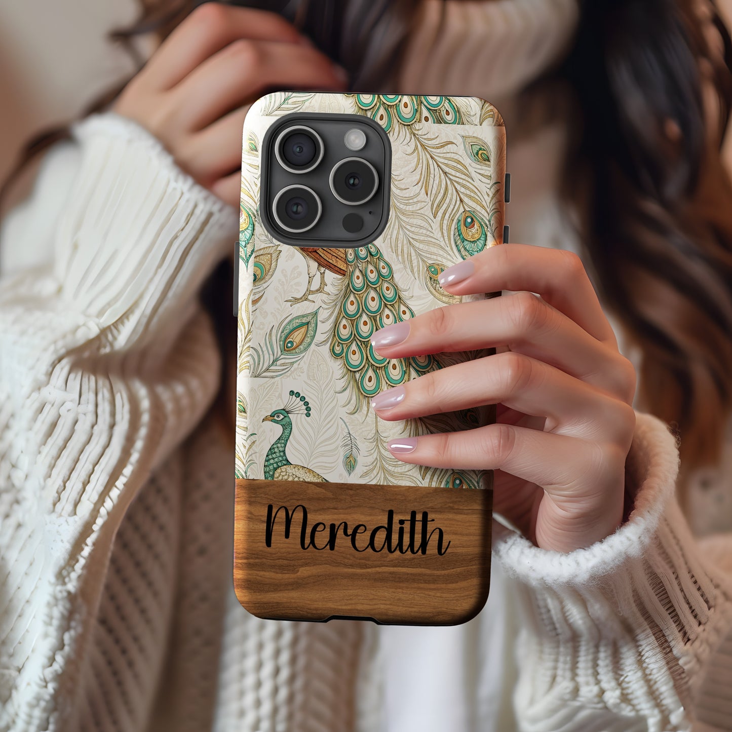 Personalized Peacock Design Phone Case with Wood Accent