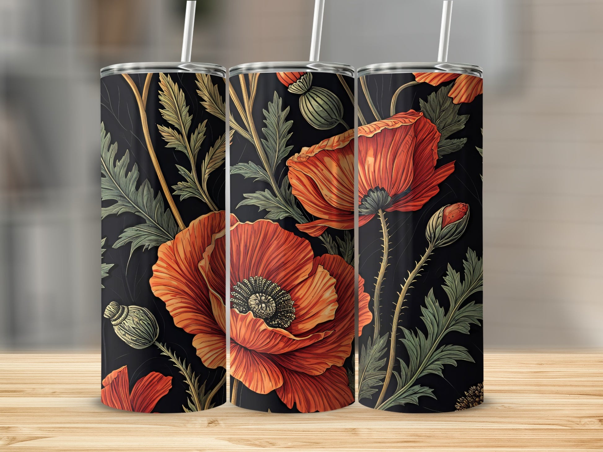 Floral Poppy Design Tumbler with Straw 20oz Beverage Cup