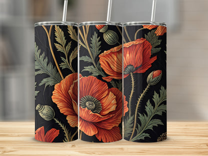 Floral Poppy Design Tumbler with Straw 20oz Beverage Cup