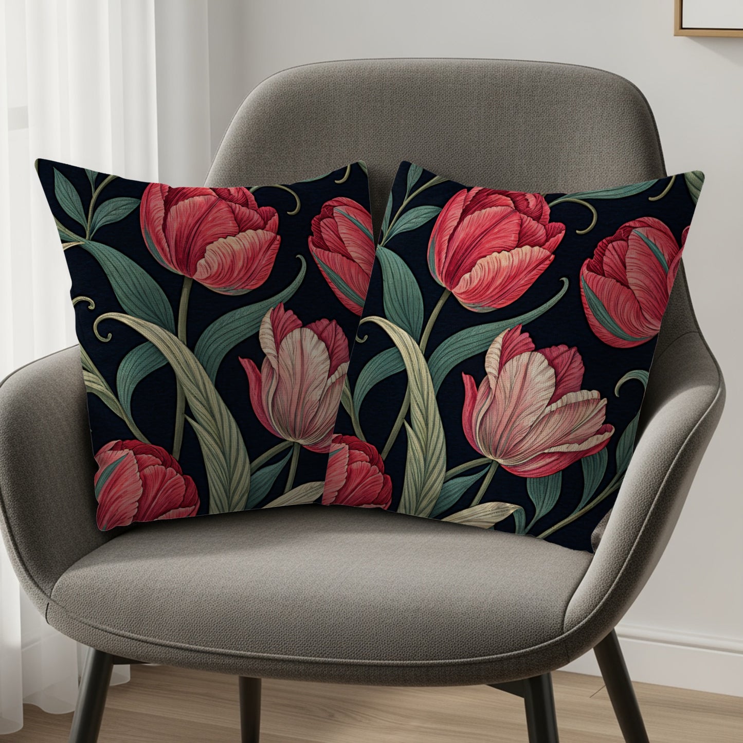 Elegant Red Tulips Seamless Pattern Decorative Floral Throw Pillows - Walk Greener