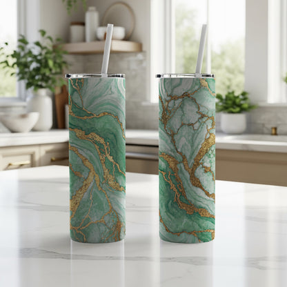 Elegant Green and Gold Marble Pattern Tumbler