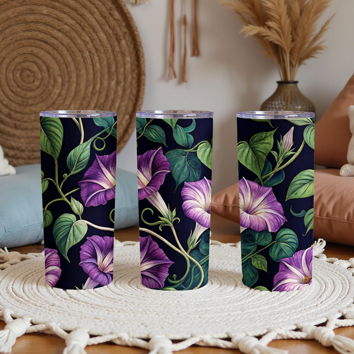 Floral Morning Glory Blooms On Dark Canvas Tumblers - Walk Greener