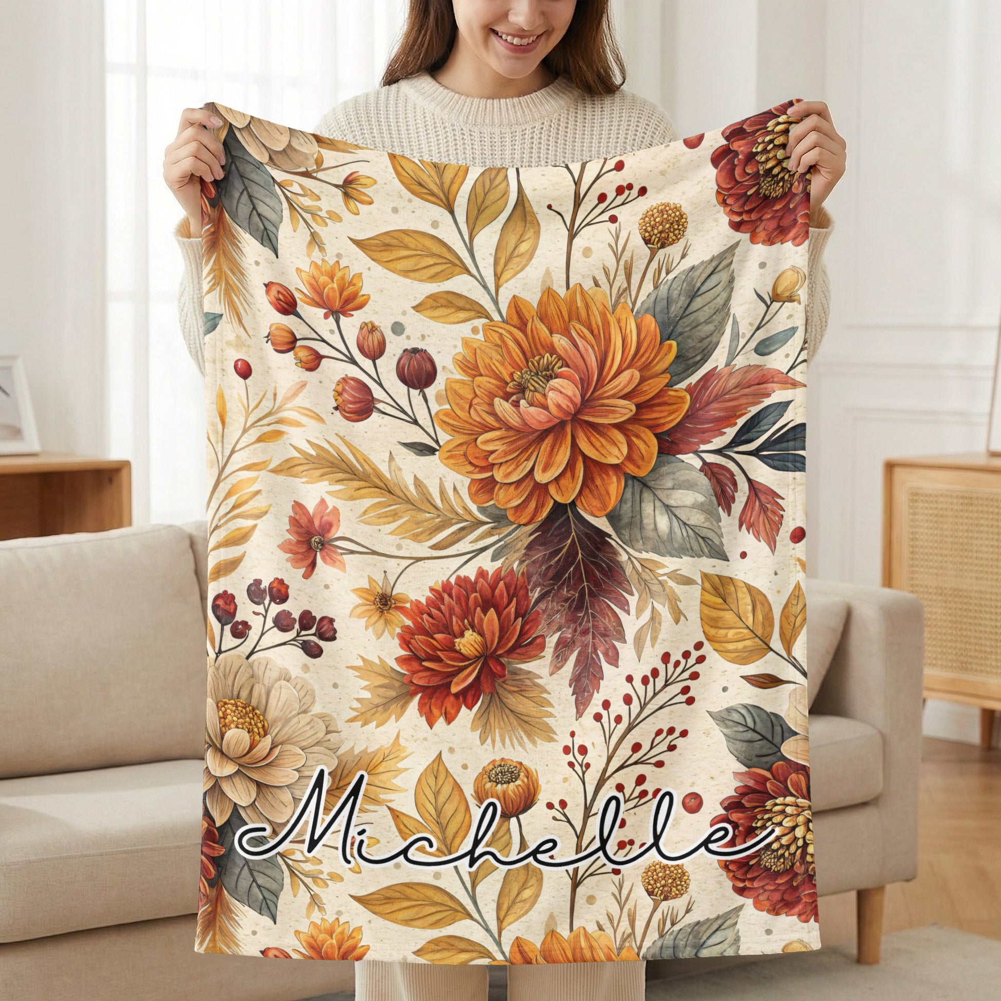Autumn Floral Blanket with Personalized Name Michelle
