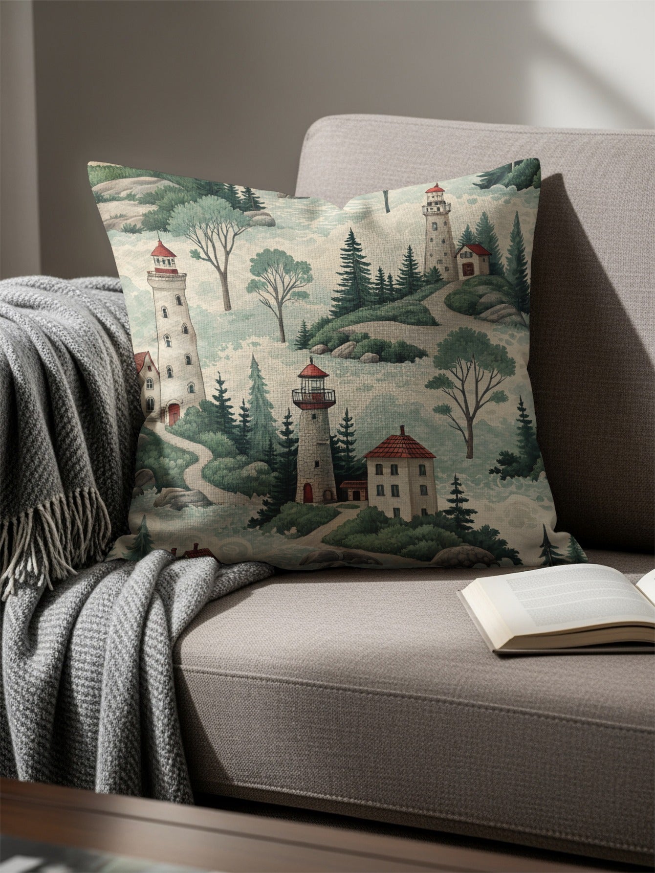 Lighthouse and Tree Design Throw Pillow Product