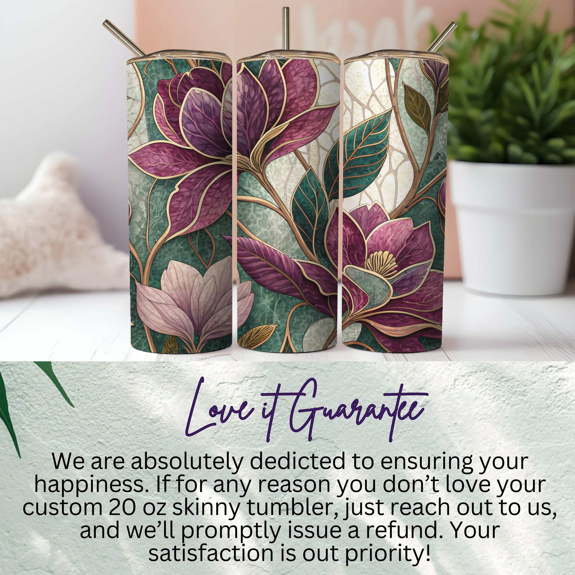 Abstract Floral Design with Gold Outlines and Lush Colors 20 oz Skinny Tumbler - Walk Greener