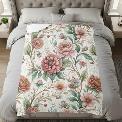 Elegant Botanical Garden Inspired Floral Art Design Velveteen Plush Blankets - Walk Greener