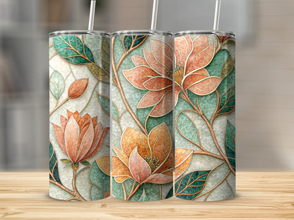 Peach and Green Flowers Artistic Pattern Beautiful 20 oz Skinny Tumbler - Walk Greener