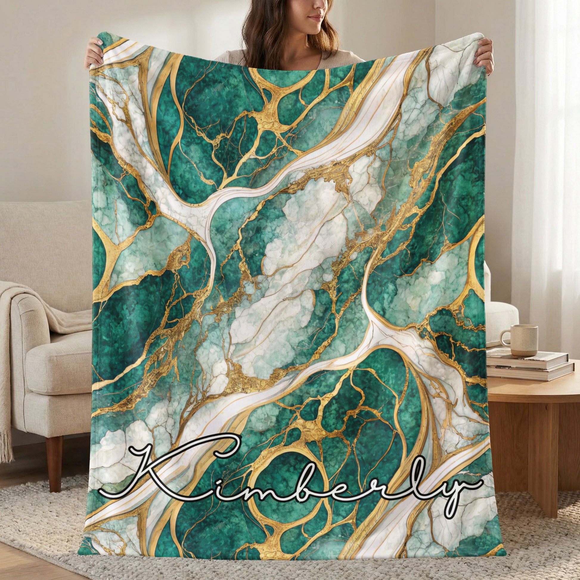 Teal Marble Design with Golden Veins Custom Name Blanket - Walk Greener